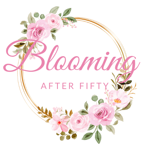 site logo 'Blooming After Fifty' nested in circle of roses