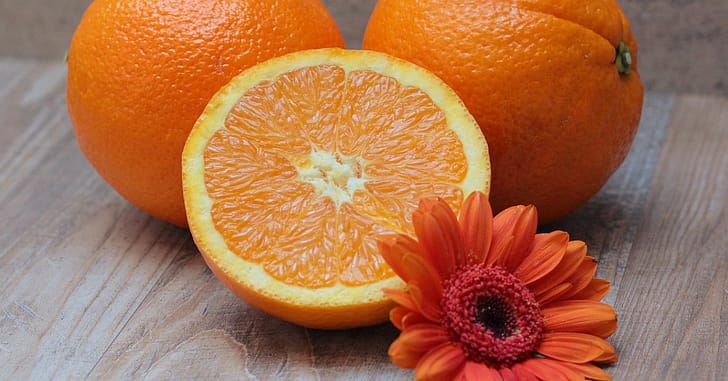 3 oranges with an orange silk daisy